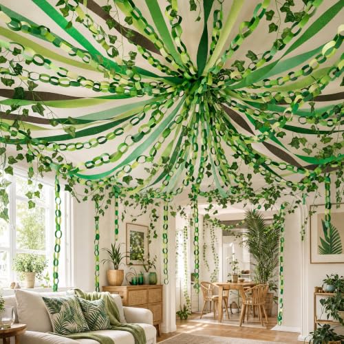 500 Sheets Green Paper Chain Strips and Vine Garland Set with Crepe Paper - color: Rainforest-500Pc
