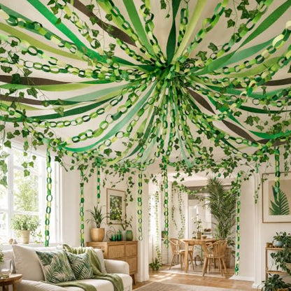 500 Sheets Green Paper Chain Strips and Vine Garland Set with Crepe Paper - color: Rainforest-500Pc