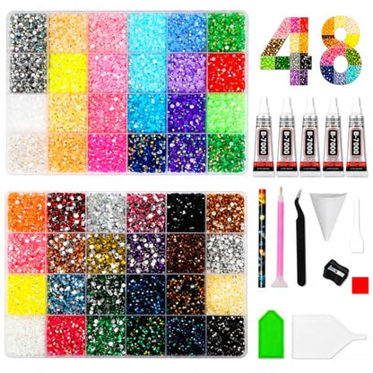 48000 Pcs Resin Rhinestones Kit for Crafts, 48 Colors 3mm Flatback Jelly Gems with 5 B7000 Glue, Dotting Pens, Tweezers & Trays, Bedazzling Kit for Nails, Tumblers, DIY Crafts