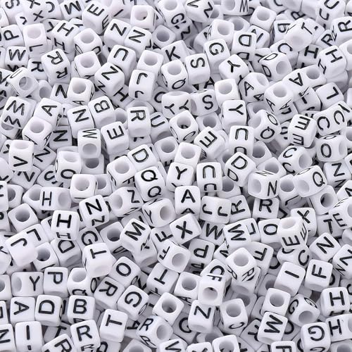 YMSDZHL Alphabet Beads A-Z 1200+Pcs Letter Beads, Acrylic 4x7mm Round Letter Bead Kits,Black Digit and Colorful Smile Bead for Bracelets Necklaces DIY Jewelry Making (Square White,1200+PCS) - color: Square White