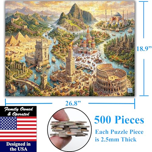 Think2Master World's Wonders 500 Pieces Large Format Jigsaw Puzzle: 13+, Teens, Adults & Families. Global Adventure to World’s Most Iconic Landmarks in an Imaginative Landscape. Size: 26.8” X 18.9” - style: World's Wonders