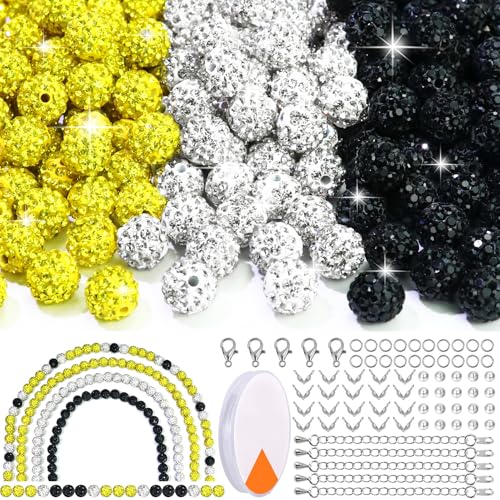 Dowarm 255PCS 10mm Rhinestone Beads for Baseball Rhinestone Necklace Bracelet Jewelry Making, Round Polymer Clay Beads for Crafts Beaded Pen, Shamballa Pave Disco Diamond Bead, Yellow|Black|White - color: 09-Yellow | Black | White