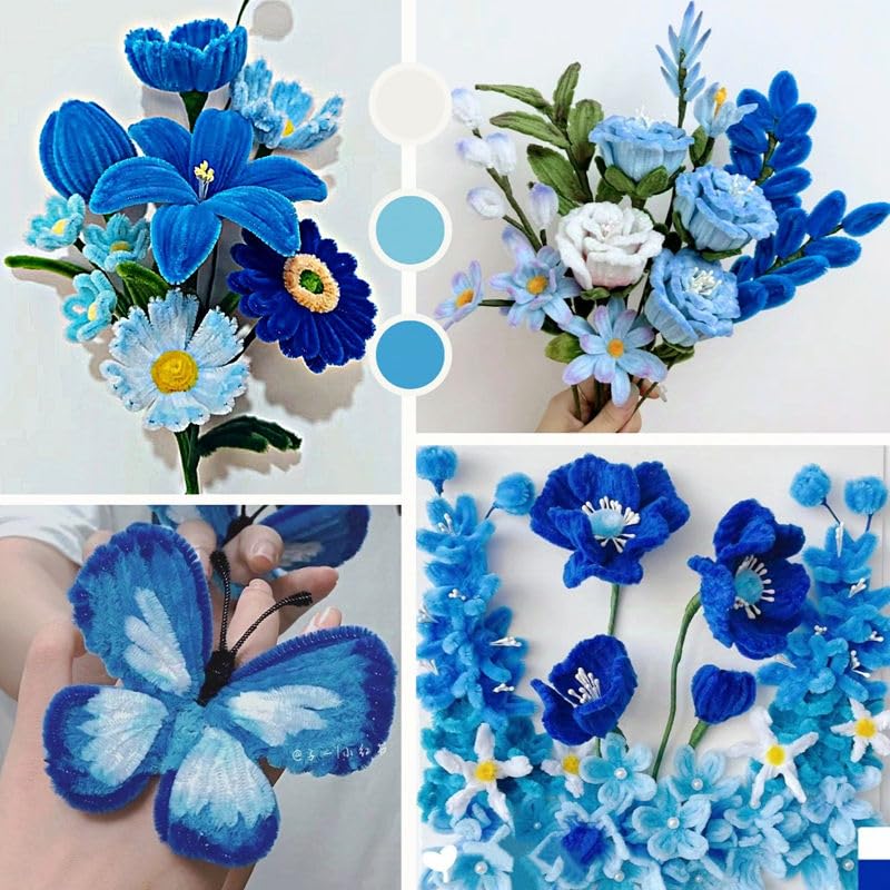 Blue Pipe Cleaner Kit With 150 Pcs Pipe Cleaners Colourful in 3 Colours(Dark Blue,Light Blue,Green),8 Pcs Green Floral Wire,40 Pearls,40 Stamen,Floral Tape,Flower Wrapping Paper and Ribbon - color: Blue