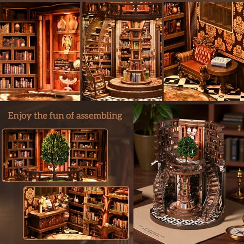 DIY Book Nook Kit with LED Light, Miniature Dollhouse, 3D Wooden Puzzle, Bookshelf Insert Decor Craft Gift (Wisdom Rings Book Repository) - style: Wisdom Rings Book Repository