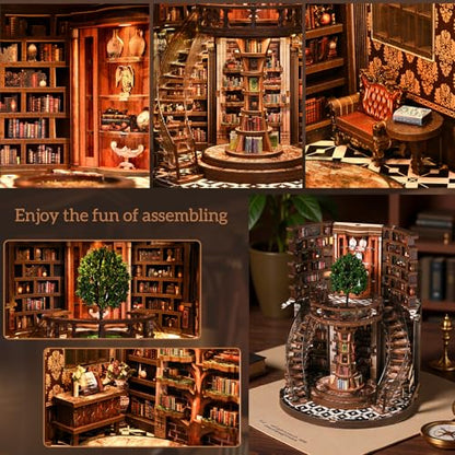 DIY Book Nook Kit with LED Light, Miniature Dollhouse, 3D Wooden Puzzle, Bookshelf Insert Decor Craft Gift (Wisdom Rings Book Repository) - style: Wisdom Rings Book Repository