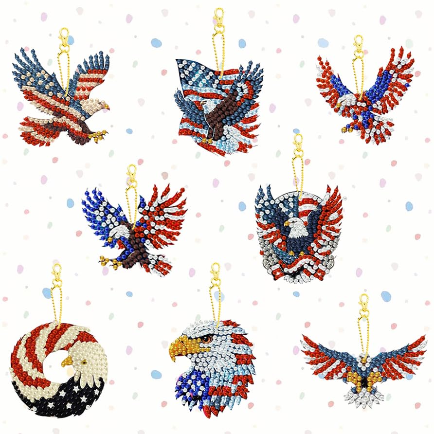 8 PCS Diamond Art Keychain Kits for Kids, DIY Diamond Painting Crafts, Beginner Art Kit, Arts & Crafts Gift - color: Patriotic Eagle