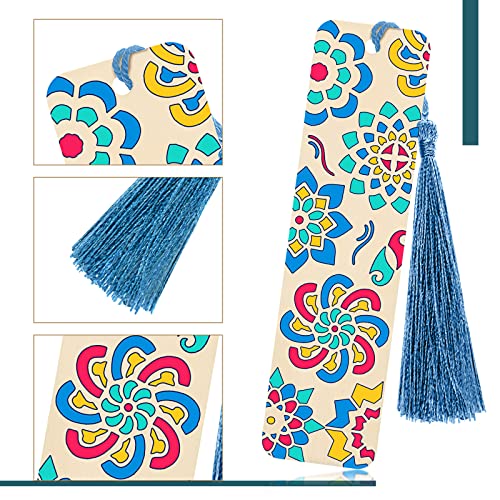 TaoBary 92 Pcs 4.8 x 1.3 Inch Flower Wood Bookmark Making Kit Includes 36 Unfinished Blank Bookmarks 36 Tassels 20 Templates, Back to School DIY Painting Craft for Home Class Holiday Teachers Gift - style: Flower