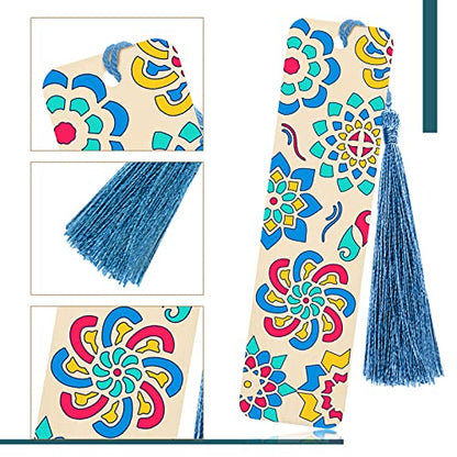 TaoBary 92 Pcs 4.8 x 1.3 Inch Flower Wood Bookmark Making Kit Includes 36 Unfinished Blank Bookmarks 36 Tassels 20 Templates, Back to School DIY Painting Craft for Home Class Holiday Teachers Gift - style: Flower