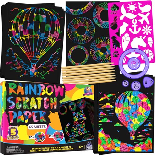 Rainbow Scratch Art Kit with Stencils, 79 Pc Craft Kit Ages 4-8 - color: Scratch Paper