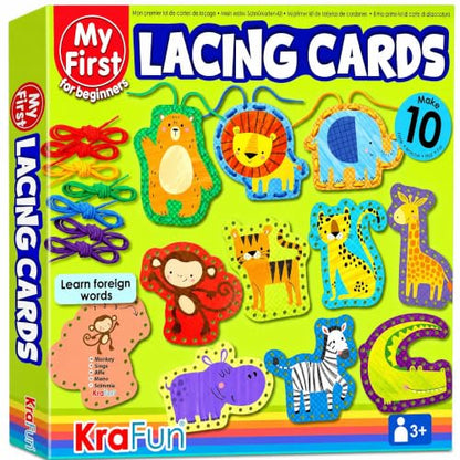KRAFUN Safari Animal Lacing Cards Age 3+ | 10 Projects (Lion, Zebra) - color: Safari - Large