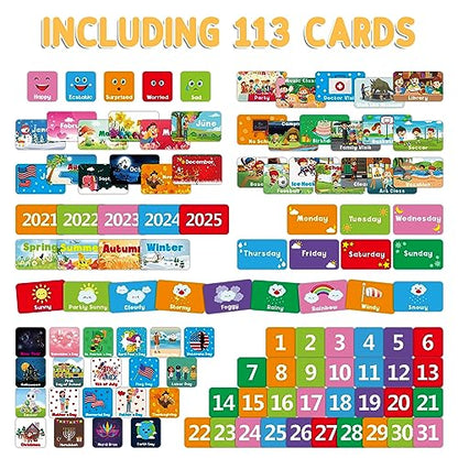 Calendar and Weather Pocket Chart for Kids Learning, Large 44.5”x28” Homeschooling Calendar Pocket Chart with 113 Cards, Teacher and Back to School Supplies - color: Black