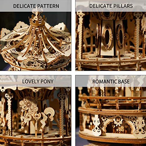 ROKR 3D Wooden Puzzle Carousel Model Building Kits Rotating 5-Horses Music Box Christmas Birthday Gift for Adults&Teens