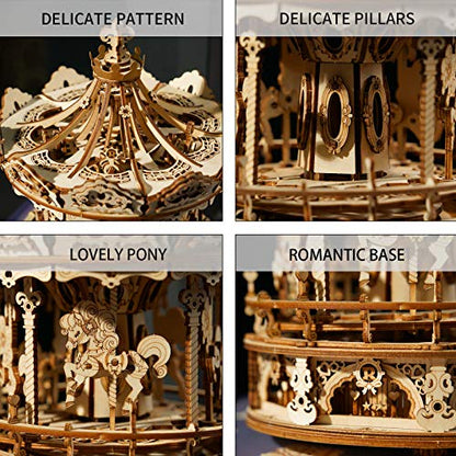 ROKR 3D Wooden Puzzle Carousel Model Building Kits Rotating 5-Horses Music Box Christmas Birthday Gift for Adults&Teens