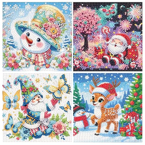 PERFECTSIGHT Cute 5D Diamond Art Kits, Kawaii DIY Painting Art for Adults Teen, 4 Pack Diamond Arts and Crafts Sets, Big Gem Full Drill Diamond Dots for Women (Christmas) - style: Christmas