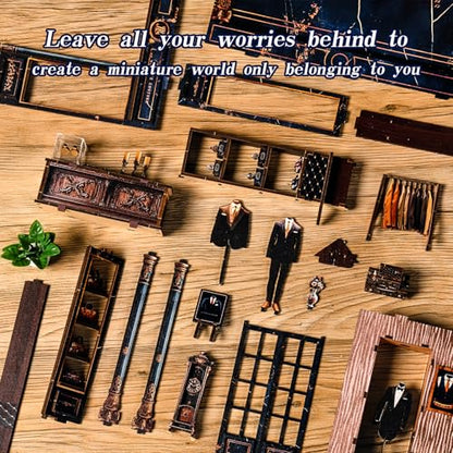 DIY Miniature Dollhouse Kit with LED Light, 3D Wooden Puzzle Book Nook Kit for Adults and Teens, Creative Tailor Shop Model Kit to Build, Home Decor Hobby Gift (Golden Section Line) - style: Golden Section Line