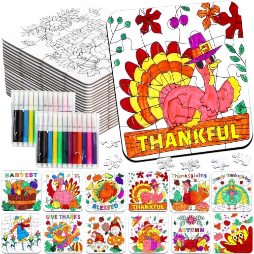 Fall Thanksgiving Crafts for Kids, Autumn Activity Art DIY Kit Blank Puzzle - color: Fall Thanksgiving Turkey Colorful