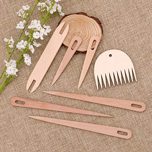 Luter 7Pcs Hand Loom Stick Set - DIY Handcrafts Tools: 5Pcs Wood Weaving Crochet Needle, 1Pc Wooden Shuttle, 1Pc Wood Weaving Comb for Knitting Crafts