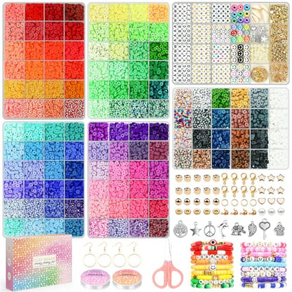 20,000 Pcs Clay Beads Bracelet Making Kit, 120 Colors 6 Boxes Polymer Beads Spacer Heishi Beads & Jewelry Kit with Pendant Charms Elastic Strings, Crafts Gift for Kids Adults - color: Classic 120 Colors