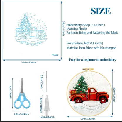 Zhenqing Christmas Red Truck Embroidery Kit for Beginners, Tree and Gifts Needlework Kit with Pre-Printed Fabric, Hoop, Threads & Tools (C0029) - style: Vintage Red Truck