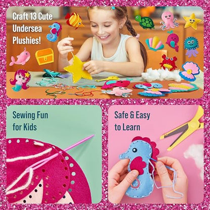 GirlZone Under the Sea Sewing Kit for Kids, Easy Embroidery & Felt Crafts, Make Adorable Sea Creatures with Pre-Punched Shapes & Patterns, Creative Sewing Kit for Kids Ages 3–14