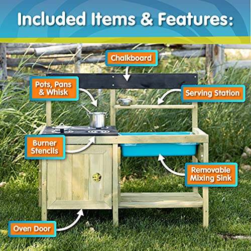TP Toys Mud Play Kitchen For Kids - Indoor, Outdoor Wooden Toy Toddler Kitchen Playset with Accessories, Durable, Weatherproof, Removable Sink, Chalkboard, Wood Burner Stencils, Easy Assembly, Ages 3+ - style: Wooden Muddy Maker Mud Kitchen