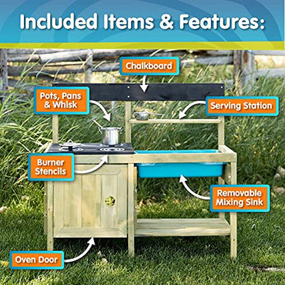 TP Toys Mud Play Kitchen For Kids - Indoor, Outdoor Wooden Toy Toddler Kitchen Playset with Accessories, Durable, Weatherproof, Removable Sink, Chalkboard, Wood Burner Stencils, Easy Assembly, Ages 3+ - style: Wooden Muddy Maker Mud Kitchen