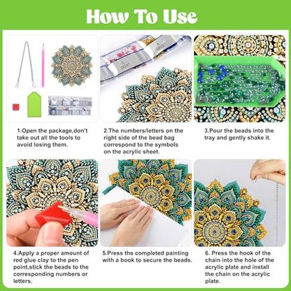 AIRDEA Hanging Diamond Painting Kits Mandala,Special Shaped Diamond Art Kits Geometric Flower Gem Art Pendant Decor,7.76x7.76in - color: green golden blue
