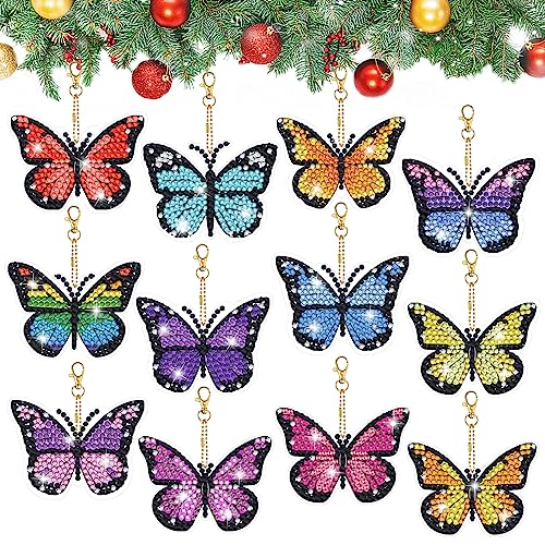 YUE ZHE 12 PCS Butterfly Diamond Art Kits for Adults Double Sided Diamond Art Keychains Butterfly DIY 5D Painting Keychains Kits for Adults Beginners DIY Crafts - color: Butterfly