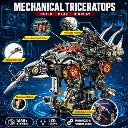 Mechanical Triceratops Dinosaur Building Kit, 1688 Pcs Motorized Walking STEM Toy with 2-in-1 Manual & Electric Battery Motor, LED Lights, Movable Joints, Gift for Kids & Adults