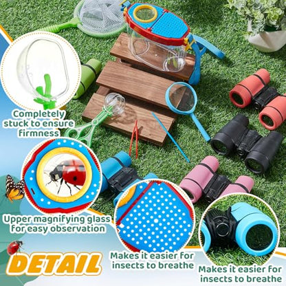 VioraWhite 6 Sets Bug Catcher Kit for Kids Outdoor Explorer Kit Summer Bug Collection Kit with Kids Binoculars Butterfly Net Magnifying Glasses Tweezers Bug Observation Containers with Shoulder Strap