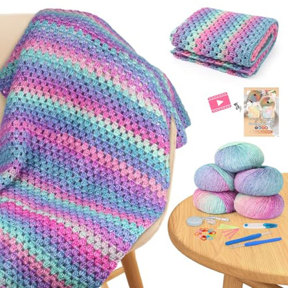 Aeelike Crochet Blanket Kit for Beginner, Easy Crochet Kit, Purple Gradient - color: Aurora Purple Gradient