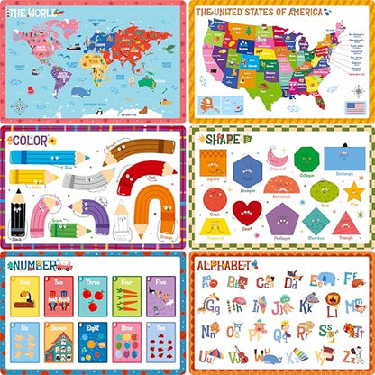 6 Pack Placemats for Kids, Non-Slip Washable, Reusable Alphabet, Number, Shape, Color, America & World Map Themed Educational Placemats for Home, Kindergarten, Classroom, Nursery - style: Education-C