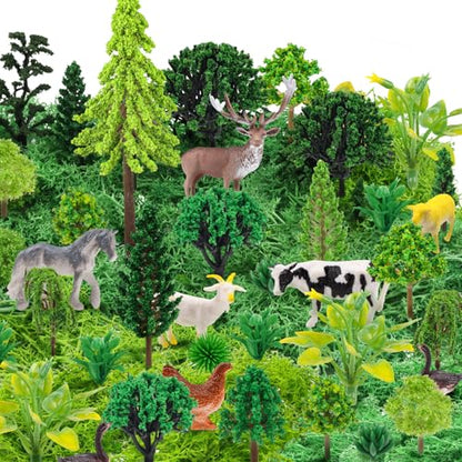 QUOZUO 36 Pcs Green Mixed Model Trees with 40g Moss, Diorama Trees Grass Mini Fake Miniature Trees Moss for Building Model, Model Train Scenery, Natural Green Landscape, Railroad Scenery