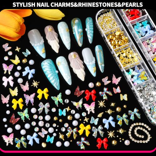 FANDAMEI Nail Art Kit, 3D Sculpting Gel for Nail Art with 6 PCS Nail Art Brushes, Gold Silver White Nail Chrome Powder&3D Nail Charms for Bedazzling, nail supplies Kit for 3D Nail Art Nail Designs