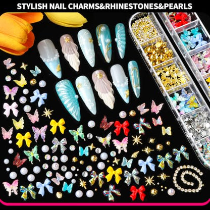 FANDAMEI Nail Art Kit, 3D Sculpting Gel for Nail Art with 6 PCS Nail Art Brushes, Gold Silver White Nail Chrome Powder&3D Nail Charms for Bedazzling, nail supplies Kit for 3D Nail Art Nail Designs