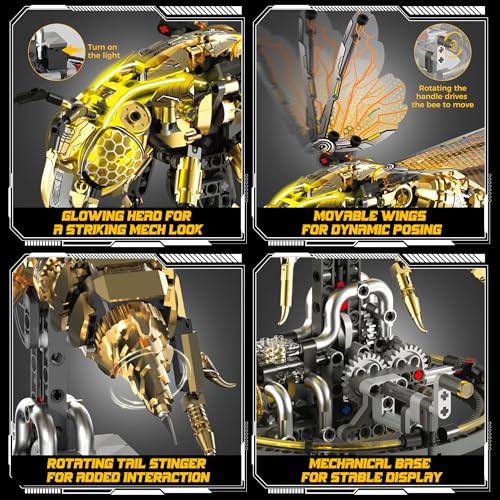 Mechanical Bee Building Blocks Kit for Adult, Technic Bee Buildings Set for Adults with LED Light & Display Stand, Robot Animal Building Toy with Moving Wings for Adults & Kids, 832Pcs