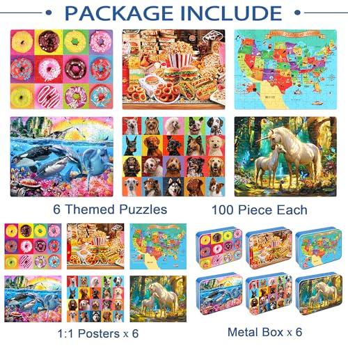 LELEMON Puzzles for Kids Ages 4-6,6 Pack 100 Piece Puzzles for Kids Ages 4-8 in a Metal Box,Educational Jigsaw Puzzles Puzzle Games Puzzle Toys for Girls and Boys - color: 100 Piece 6 Pack 2)