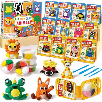 Air Dry Clay for Kids Modeling Clay Kit, 12 Boxes Model Magic Arts and Crafts for Kids with Tools & Tutorial, Non-Sticky, 3-12+ Years Boy Girl Birthday Gift, Animal Themed Party Favors Classroom Prize