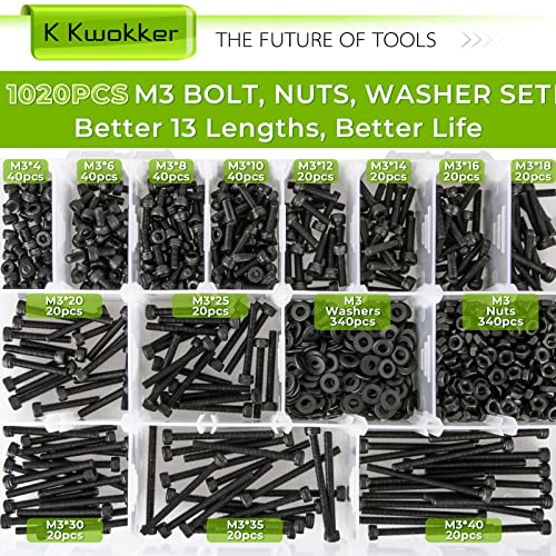1023PCS Metric M3 Bolt Assortment 4MM to 40MM 13 Lengths, 12.9 Alloy Steel Screws Nuts and Washers Hex Socket Head Cap Machine Screws, Black Bolts and Nuts Kit - size: A. M3