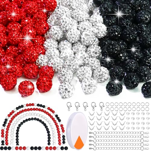 Dowarm 255PCS 10mm Rhinestone Beads for Baseball Rhinestone Necklace Bracelet Jewelry Making, Round Polymer Clay Beads for Crafts Beaded Pen, DIY Shamballa Pave Disco Diamond Bead, Black|Red|White - color: 08-Black | Red | White