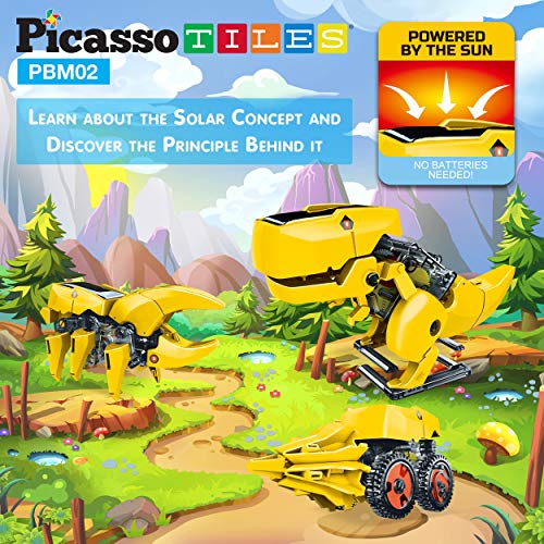PicassoTiles Dinosaur Robot Solar Powered STEM Unique Transformation Renewable Sun Energy Educational Learning Engineering Building Toy 3-in-1 Science Experiment Kit Model Boys Girls Ages 8+ - color: 3-in-1 Transformation