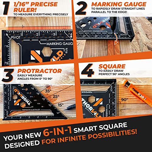 THORVALD 6-in-1 Carpenter Square 7 inch (1/16" Precision) T Square Multi-Purpose Carpenter Tools : Wrench, Square, Protractor, Ruler, Marking Gauge, Drill Gauge, Includes 2-in-1 Carpentry Pencil - color: 1 Square + 1 Pencil