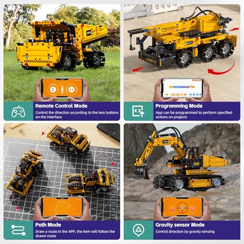 DOLIVE 5 in 1 STEM Building Block Set, App & Remote Control Construction Vehicle Kit, DIY Excavator Crane Truck Bulldozer Roller, Educational Birthday Gift for Kids 8-14 Years Old