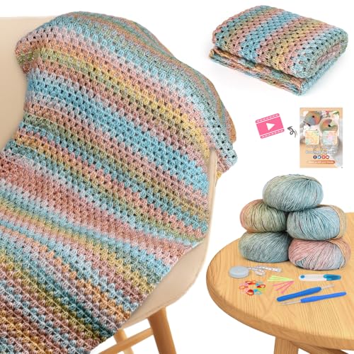 Aeelike Crochet Blanket Kit for Beginner Easy Crochet Kit, Classic Gradient - color: Classical Gradient