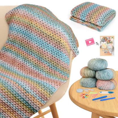 Aeelike Crochet Blanket Kit for Beginner Easy Crochet Kit, Classic Gradient - color: Classical Gradient