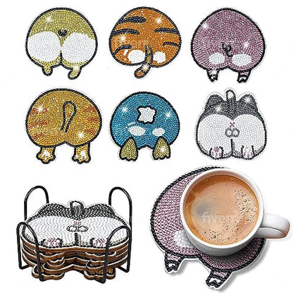 6 pcs Diamond Painting Coasters | Diamond Art Coasters | Animal Butt Diamond Art Painting | Perfect Art Craft Gift for Animal Lover, Dad, Mom, Grandparents, Brother, Sister. - color: Animal Butt Coasters