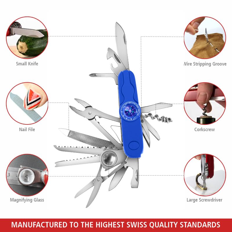 Swiss Eagle 30-in-1 Classic Pocket House Hold & Campaign Tool, Premium Multi Tool Pocket Tool with Compass, Scissor, Screwdriver, Plier, Magnifying Glass, Tweezer for Christmas Gifts - Blue - color: Blue