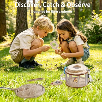 Wooden Bug Catcher Kit for Kids Ages 3-8, 11PCS Outdoor Nature Explorer Kit with Bug Habitat, STEM Educational Guide, Butterfly Net & Magnifying Glass, Montessori Catching Toy & Camping Gift