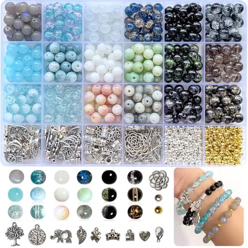 Bracelet Making Kit for Adults – 414pcs Real Crackle Glass Beads with Charms, 8mm Neutral Color Jewelry Making Set for Gifts
