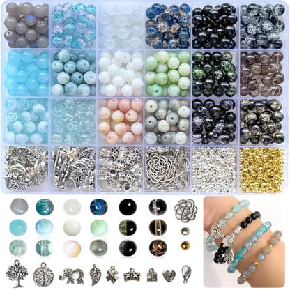 Bracelet Making Kit for Adults – 414pcs Real Crackle Glass Beads with Charms, 8mm Neutral Color Jewelry Making Set for Gifts